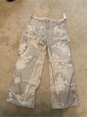 Pilcro White Lace and Jewel Print Wide Leg Jeans - Light Gray